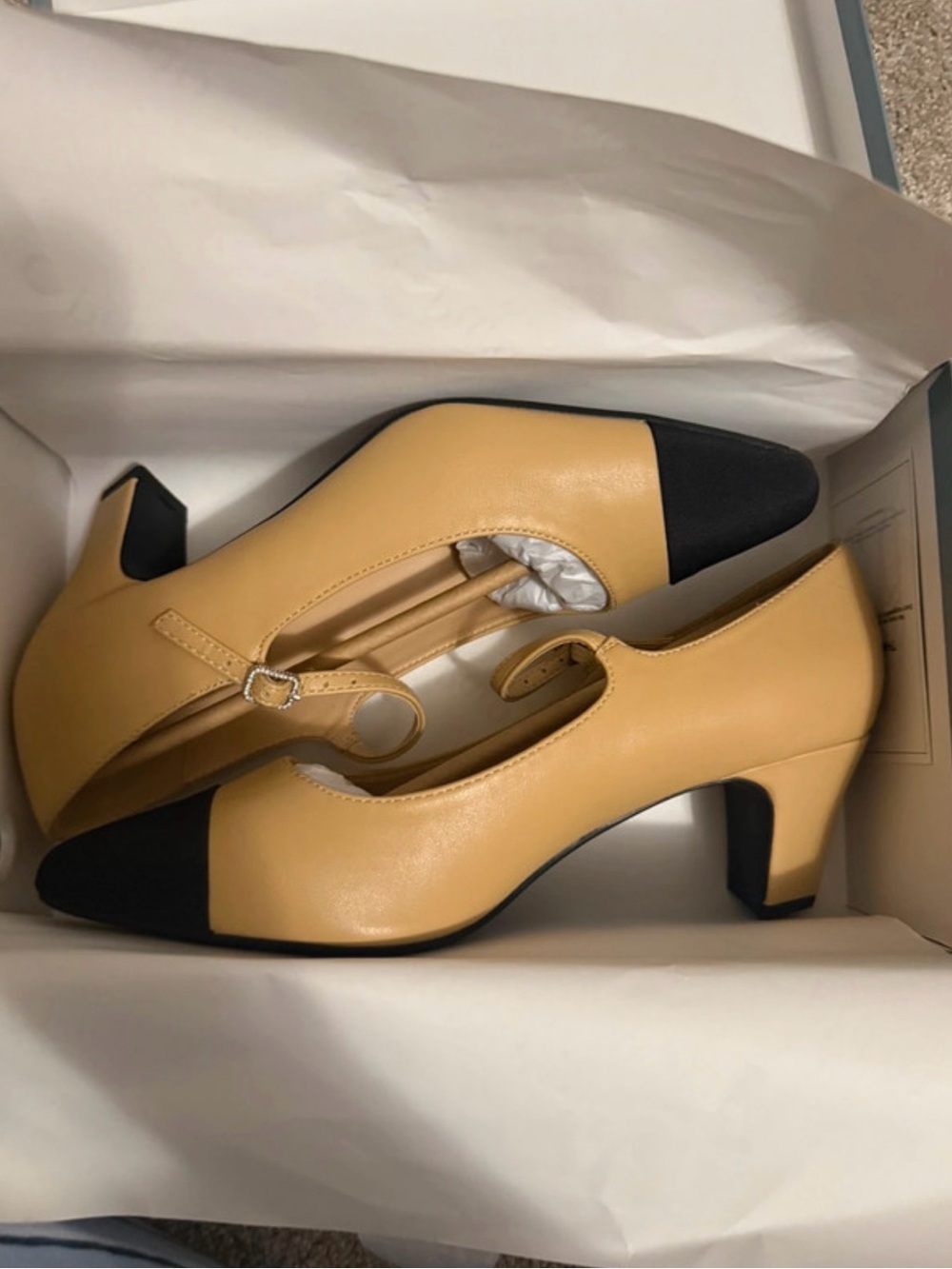Two-Tone Mary Jane Pumps in Tan and Black